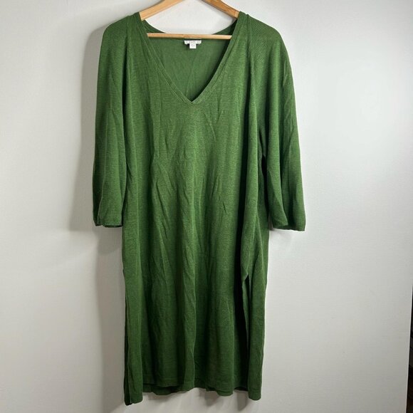 J Jill Dress Womens Large Green Linen Blend 3/4 Sleeve V Neck Pocket Pullover - Picture 1 of 10
